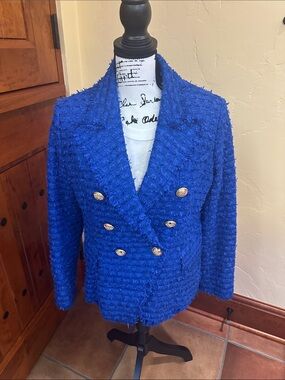 Balmain Royal Blue Double-Breasted Bouclé Blazer with Gold Buttons
